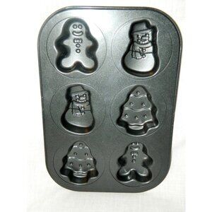 Christmas Cake Pan Mini Tree Snowman Gingerbread Man 6 Cavity Non Stick